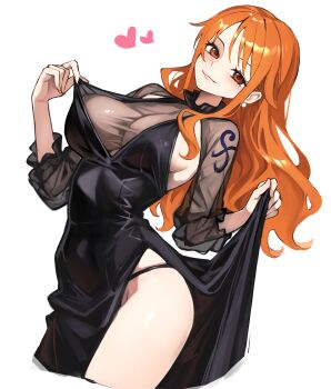 1girl absurdres alternate_costume black_dress black_panties blush breasts brown_eyes closed_mouth clothes_lift collar cowboy_shot dress dress_lift earrings eyelashes frilled_collar frilled_sleeves frills heart highres jewelry kasumi_6 large_breasts light_smile lipgloss long_hair looking_at_viewer nami_(one_piece) one_piece orange_hair panties pearl_earrings pink_lips revision see-through_cleavage see-through_clothes shoulder_tattoo side_slit sideboob simple_background single_sidelock solo string_panties tattoo thighs underwear wavy_hair white_background