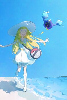 :d anzu_(v0_0v_o0) bag beach blonde_hair blue_sky blunt_bangs blush braid closed_eyes collared_dress cosmog day dress duffel_bag gen_7_pokemon hat highres kneehighs legendary_pokemon lillie_(pokemon) long_hair nintendo ocean open_mouth outdoors outstretched_arms pokemon pokemon_(creature) pokemon_sm sand shore sky sleeveless sleeveless_dress smile socks standing standing_on_one_leg sun_hat sundress twin_braids water white_dress