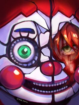 2girls animatronic blood blush_stickers circus_baby_(fnaf) clown_nose commentary cracked_kawaii_mask derivative_work elizabeth_afton english_commentary five_nights_at_freddy&#039;s five_nights_at_freddy&#039;s:_sister_location fried_manto green_eyes grin highres multiple_girls red_hair robot robot_girl signature smile