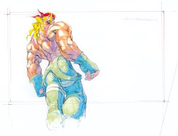 Rule 34 | 1boy, alex (street fighter), blonde hair, blue eyes, bodypaint, concept art, downturned eyes, facepaint, fingerless gloves, from below, game cg, gloves, green gloves, green overalls, headband, highres, long hair, long sidelocks, looking back, male focus, muscular, muscular male, nishimura kinu, non-web source, official art, overalls, red headband, sidelocks, solo, street fighter, street fighter iii (series), topless male