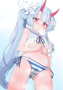 1girl absurdres bikini blue_archive blue_background blue_bikini blue_hair blue_halo blush breasts chise_(blue_archive) chise_(swimsuit)_(blue_archive) commentary_request cowboy_shot flower flying_sweatdrops from_below gradient_background hair_flower hair_ornament halo highres horns lmc_(lmcgarage) long_hair navel official_alternate_costume oni open_mouth pee peeing peeing_self purple_eyes purple_horns sailor_bikini sailor_collar side-tie_bikini_bottom side_ponytail small_breasts solo striped_bikini striped_clothes sweat swimsuit very_long_hair white_flower white_sailor_collar