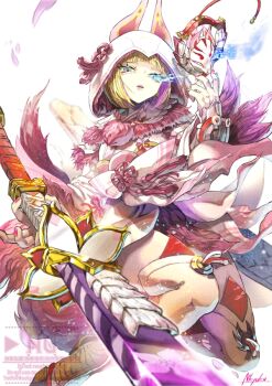 Rule 34 | 1girl, armor, blonde hair, blue fire, cherry blossoms, commentary request, falling petals, fire, flaming eye, floral print, fox mask, fur trim, holding, holding sword, holding weapon, hood, hood up, katana, knee up, kneeling, long eyelashes, mask, mizutsune (armor), monster hunter (series), nkyoku, ootachi, parted lips, petals, pink nails, reverse grip, solo, sword, tsuba (guard), weapon