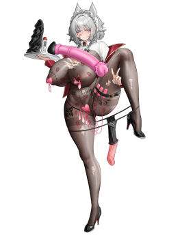 1girl absurdres alternate_breast_size_(larger) anus aqua_nails belt black_belt black_panties black_shoes blue_eyes blue_nails bodystocking bow breasts brown_bodystocking butt_plug cleavage colored_eyelashes condom condom_on_nipples cyan_nail_polish dildo full_body green_bow grey_hair heart_maebari high_heels highres holding holding_tray horse_dildo huge_breasts huge_dildo impossible_bodystocking izayoi_sakuya lipstick_mark lotion_bottle lube maebari maid_headdress nail_polish nipples panties panty_pull puffy_nipples pussy remote_control_vibrator sex_toy shoes short_hair simple_background solo standing standing_on_one_leg tally thigh_belt thigh_strap thighband_bodystocking torn_bodystocking torn_clothes touhou tray underwear unworn_butt_plug used_condom user_ckkx8884 v vibrator white_background