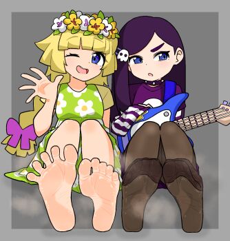 2girls barefoot blonde_hair blue_eyes electric_guitar feet guitar highres instrument light_blush long_hair looking_at_viewer looking_to_the_side multiple_girls nairo one_eye_closed open_mouth pantyhose purple_hair soles steam toes wink