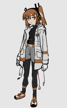 1girl :&gt; a.i._voice adachi_rei arms_at_sides bad_id bad_pixiv_id belt black_pantyhose black_shirt blush breasts full_body gloves grey_shorts hair_ribbon headlamp headphones jacket jitome long_sleeves looking_at_viewer medium_hair one_side_up open_clothes open_jacket orange_belt orange_eyes orange_hair pantyhose pantyhose_under_shorts radio_antenna ribbon shirt shoes shorts simple_background small_breasts smile sneakers solo sqq utau white_background white_gloves white_jacket white_ribbon