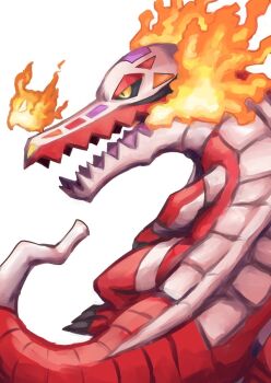 armor bird crocodilian fire fluff_tip highres markings nintendo open_mouth pokemon pokemon_(creature) scales segmented_tail skeledirge skeletal_tail skeleton spirit tail teeth white_background yellow_eyes