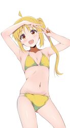 Rule 34 | 1girl, :d, ahoge, armpits, bikini, blonde hair, blush, bocchi the rock!, borgbutler, breasts, commentary request, double v, highres, ijichi nijika, long hair, looking at viewer, nail polish, navel, open mouth, orange eyes, side ponytail, simple background, small breasts, smile, solo, standing, stomach, swimsuit, v, white background, yellow bikini, yellow nails