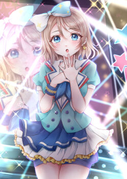 1girl absurdres aozora_jumping_heart armband baggy_clothes baggy_short blue_eyes blue_neckerchief blue_necktie blue_sailor_collar blush bow bracelet breasts brown_hair buttons concert covering_own_mouth earrings frilled_skirt frills gold gold_earrings grey_hair hair_bow hair_ornament hand_over_own_mouth hands_up highres idol idol_clothes jewelry light_rays love_live! love_live!_sunshine!! multicolored_bow neckerchief necktie open_mouth pleated_skirt red_sailor_collar rin5325 sailor_collar short_hair shorts single_earring skirt solo sparkle stage stage_lights stairs star_(symbol) thighs watanabe_you wavy_hair white_sailor_collar wrist_cuffs