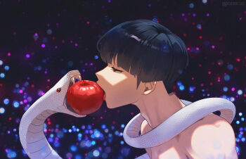 1boy 8083_blue adam&#039;s_apple apple biting black_hair blue_background blunt_bangs commentary food fruit hoshina_soshiro kaijuu_no._8 long_sideburns looking_ahead male_focus red_eyes sideburns snake solo topless_male white_snake yonic_symbol