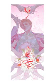 Rule 34 | 1boy, 1other, aged down, animal ears, apple, blonde hair, blue shirt, border, clothes lift, collared shirt, commentary request, diamond wa kudakenai, disembodied hand, dual persona, flower, food, formal clothes, fruit, green shirt, highres, holding, holding food, holding fruit, holding knife, jacket, jojo no kimyou na bouken, killer queen, kira yoshikage, knife, long sleeves, looking at viewer, male focus, molimolijio, peeling, plant, purple eyes, purple jacket, ribbon, shirt, shirt lift, short hair, solo focus, stand (jojo), striped clothes, striped shirt, suit, venus flytrap, white border