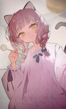 Rule 34 | 1girl, :3, animal ear fluff, animal ears, black bow, bow, braid, brown hair, cat ears, cat girl, cat tail, character request, closed mouth, collarbone, commentary request, commission, copyright request, hair ornament, highres, holding, jacket, long sleeves, looking at viewer, medium hair, mimikaki, pink jacket, pink shirt, rindoriko, shirt, skeb commission, smile, solo, star (symbol), star hair ornament, tail, twin braids, yellow eyes