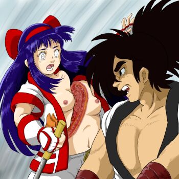 1980s_(style) 1boy 1girl ainu_clothes black_hair breasts clenched_hand constricted_pupils dismemberment fighting fingerless_gloves gloves guro hair_ribbon haoumaru highres japanese_clothes long_hair medium_breasts nakoruru navel nipples oldschool open_clothes open_mouth pants ponytail purple_hair ribbon samurai_spirits slashing snk surprised teeth the_king_of_fighters tongue weapon wide-eyed