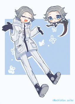 2boys :d :o ^_^ aotsuki_eito black_gloves black_jacket black_shoes blue_background blue_eyes breast_pocket chibi closed_eyes commentary_request dual_persona full_body glasses gloves grey_hair highres holding holding_scythe holding_weapon jacket last_defense_academy_school_uniform looking_down male_focus mitsuba_tarou multiple_boys open_mouth outline pants pocket school_uniform scythe shoes short_hair shrugging smile the_hundred_line_-last_defense_academy- twitter_username two-tone_background weapon white_background white_gloves white_jacket white_outline white_pants