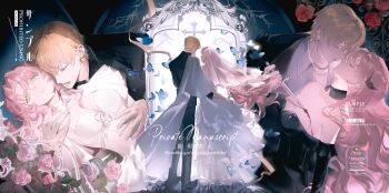 1boy 1girl absurdres blonde_hair blood blue_butterfly breasts bride bug butterfly cleavage commission couple cross dress flower groom highres insect long_hair mihuashi_commission multiple_views original pink_flower pink_hair pink_rose profile red_flower red_rose rose short_hair shuka_yu standing watermark white_dress yellow_eyes