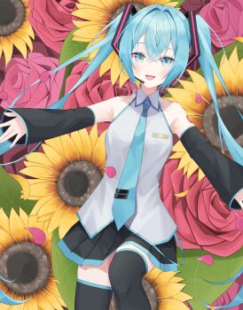1girl absurdres armpits bare_shoulders black_skirt black_thighhighs blue_eyes blue_hair blue_necktie commentary_request detached_sleeves falling_petals flower hair_between_eyes hair_ornament hatsune_miku highres long_hair looking_at_viewer necktie open_mouth petals rose serin_(zersk_04) skirt sunflower thighhighs twintails vocaloid