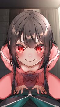 1boy 1girl black_shirt blurry blurry_background blurry_foreground blush breasts brown_hair closed_mouth commentary curtains depth_of_field downblouse extended_downblouse frilled_pajamas frills full_body glowing glowing_eyes good_morning_my_brother_(meme) green_jacket hair_between_eyes hands_on_another&#039;s_stomach hanging_breasts highres indoors jacket kneeling kono_subarashii_sekai_ni_shukufuku_wo! leaning_forward looking_at_viewer lying megumin no_bra on_back pajamas panties pink_pajamas pink_panties pink_skirt pov red_eyes sarasara_shoyu satou_kazuma scene_reference shirt short_hair short_hair_with_long_locks sidelocks sitting sitting_on_person skirt small_breasts smile solo_focus spread_legs stone_wall straddling straight-on tokidoki_bosotto_roshia-go_de_dereru_tonari_no_alya-san track_jacket underwear v-shaped_eyebrows