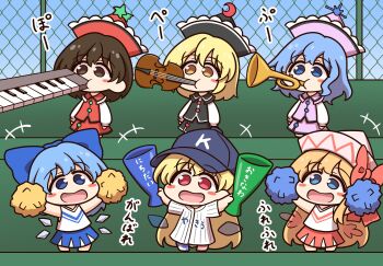 6+girls baseball_cap baseball_jersey black_eyes black_hair black_hat blonde_hair blue_eyes blue_hair blue_skirt blush_stickers bow cheerleader cirno clownpiece commentary_request crescent fairy_wings hair_bow hat highres horn_(instrument) ice ice_wings instrument jersey keyboard_(instrument) lily_white long_hair long_sleeves lunasa_prismriver lyrica_prismriver merlin_prismriver mouth_hold multiple_girls pink_hat pink_skirt pom_pom_(cheerleading) puffy_long_sleeves puffy_sleeves red_eyes red_hat shitacemayo skirt skirt_set star_(symbol) tank_top touhou translation_request trumpet violin wings yellow_eyes