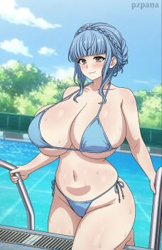 1girl absurdres alternate_breast_size_(larger) artist_name bikini blue_hair blue_sky blush body_blush braid breasts brown_eyes chain-link_fence cleavage climbing climbing_ladder closed_mouth cloud collarbone commission crown_braid curvy day fence fire_emblem fire_emblem:_three_houses groin highres huge_breasts marianne_von_edmund micro_bikini navel nintendo outdoors pool pool_ladder poolside pzpana shiny_skin short_hair side-tie_bikini_bottom sidelocks skindentation sky smile solo string_bikini swimsuit tree underboob water wet
