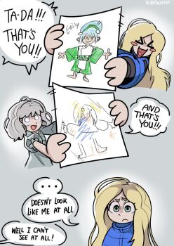 2girls avatar:_the_last_airbender avatar_legends blind blonde_hair blue_coat capcom coat company_connection crayon_drawing dass527 diana_(pragmata) doodled_object emily_(resident_evil) english_text grey_hair highres long_hair multiple_girls padded_coat pragmata puffy_coat resident_evil resident_evil_requiem toph_beifong