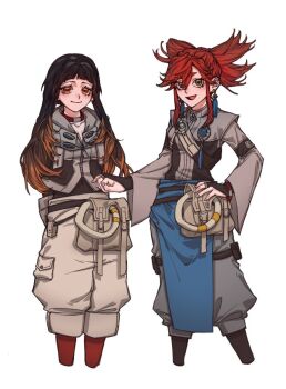 2girls amo_empool black_hair black_shorts closed_mouth collarbone cosplay gachiakuta grey_pants horizontal_pupils long_hair looking_at_viewer multiple_girls mzby.zzz orange_eyes pants pouch red_hair riyo_reaper rudo_surebrec rudo_surebrec_(cosplay) shorts sidelocks simple_background smile white_background zanka_nijiku zanka_nijiku_(cosplay)