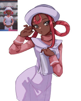 1girl commentary dark-skinned_female dark_skin dress english_commentary grey_eyes hair_rings hat highres joy_(pokemon) joy_(pokemon_legends:_z-a) kxddybu nintendo nurse_cap photo_inset pink_hair pokemon pokemon_legends:_z-a reference_inset simple_background solo twitter_username very_dark_skin white_background