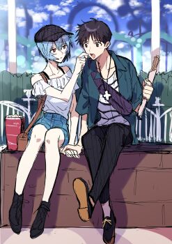 1boy 1girl alternate_costume amusement_park ayanami_rei bare_shoulders blue_hair blue_sky blush breasts collared_jacket cross cross_necklace denim denim_shorts feeding ferris_wheel food frilled_shirt frills highres holding holding_food holding_hands ikari_shinji incoming_food jacket jewelry kicking leaning_to_the_side necklace neon_genesis_evangelion open_mouth outdoors pants popcorn red_eyes roller_coaster shirt short_hair shorts sky striped_clothes yoshio_296