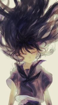 1girl absurdres black_hair commentary_request floating_hair grey_eyes highres kurashiki_touka long_hair looking_to_the_side original school_uniform serafuku solo upper_body