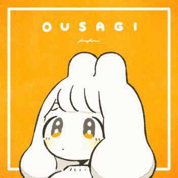 1girl animal_ears animated animated_gif blinking closed_mouth creature dot_mouth expressionless eyebrows_hidden_by_hair jumping keke_(kotowari) limited_palette long_hair looking_up looping_animation no_nose orange_background orange_eyes original outside_border portrait rabbit rabbit_ears romaji_text signature solo swept_bangs tareme thick_eyebrows what white_hair