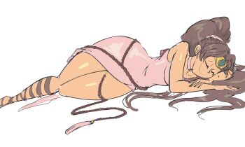 1girl bare_shoulders brown_hair choker circlet closed_eyes davewaterfalls dress fire_emblem fire_emblem:_shadow_dragon linde_(fire_emblem) long_hair lying nintendo on_side ponytail simple_background sleeping solo thighs