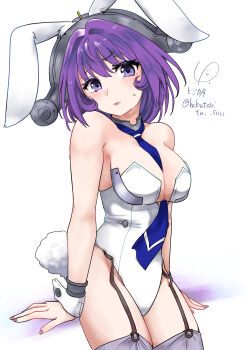 1girl absurdres adapted_costume animal_ears between_breasts blue_necktie breasts collar commentary_request detached_collar fake_animal_ears fake_tail garter_straps headgear highres kantai_collection large_breasts leotard lexington_(kancolle) long_necktie looking_at_viewer lr_hijikata medium_hair metal_collar necktie necktie_between_breasts playboy_bunny purple_eyes purple_hair rabbit_ears rabbit_tail solo strapless strapless_leotard tail white_leotard white_wrist_cuffs wrist_cuffs