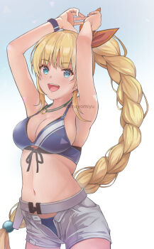 Rule 34 | 1girl, :d, amayomiyu, armpits, arms up, bare shoulders, belt, bikini, bikini under clothes, blonde hair, blue background, blue bikini, blue eyes, blush, braid, braided ponytail, breasts, cleavage, commentary request, cowboy shot, front-tie bikini top, front-tie top, grey shorts, hair ornament, hair ribbon, heaven burns red, jewelry, kanzaki adelheid, large breasts, long hair, looking at viewer, medium breasts, navel, necklace, open clothes, open fly, open mouth, orange ribbon, ribbon, short shorts, shorts, sidelocks, single braid, smile, solo, stomach, swimsuit, teeth, unbuttoned, upper teeth only, very long hair, white shorts, wristband