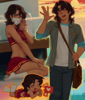 1boy \||/ absurdres bag bed blue_pants brown_eyes brown_hair cellphone cheerleader commentary crossdressing crossdressing_(mtf) denim halftone halftone_background highres holding holding_phone jeans lacryboy lying male_focus mask miniskirt mouth_mask multiple_views navel on_stomach one_eye_closed open_mouth original pants phone pleated_skirt salute shirt skirt smartphone smile surgical_mask thick_eyebrows trap vulcan_salute white_shirt