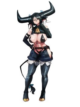 1girl 33dot absurdres animal_ears bare_shoulders bell belt bikini black_bikini black_gloves black_hair boots breasts brown_belt cleavage clothing_cutout collar cow_ears cow_girl cow_horns cow_tail cowbell ear_tag elbow_gloves fingerless_gloves frown full_body gloves hand_on_own_hip hand_on_own_neck highres hip_vent horns large_breasts large_horns long_sidelocks looking_at_viewer neck_bell one_eye_closed original ox-chan_(33dot) pain ribbed_shrug short_hair shorts shrug_(clothing) sidelocks sleeveless_shrug solo standing swimsuit tail thigh_boots turtleneck_shrug wince yellow_eyes