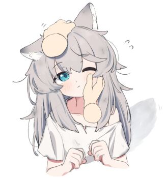 Rule 34 | 1girl, ;t, animal ear fluff, animal ears, blue eyes, blush, closed mouth, collarbone, commentary request, dirty, dirty clothes, disembodied hand, flying sweatdrops, grey hair, hair between eyes, hand on another's face, hand on another's head, head tilt, long hair, looking at viewer, motion lines, off shoulder, one eye closed, original, riya (01214), shirt, short sleeves, solo focus, white shirt