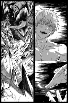 1boy 1girl battle chainsaw chainsaw_man denji_(chainsaw_man) greyscale highres long_tongue male_focus monochrome open_mouth partially_submerged pull_cord reze_(chainsaw_man) sharp_teeth short_hair split_theme teeth tongue tongue_out wet wet_hair zanki