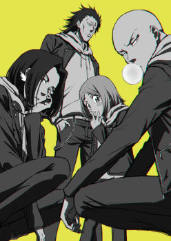 Rule 34 | 1girl, 3boys, arm between legs, ayasegawa yumichika, bald, bleach, bleach: sennen kessen-hen, blowing bubbles, blush stickers, chain, chromatic aberration, commentary request, from below, frown, greyscale with colored background, hand in pocket, hood, hoodie, jacket, jacket over hoodie, kusajishi yachiru, lido an0, long hair, madarame ikkaku, multiple boys, short hair, size difference, squatting, yellow background, zaraki kenpachi