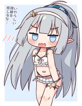 1girl bikini blue_eyes blunt_bangs blush border collarbone commentary_request feet_out_of_frame grey_hair hairband hana_kazari highres jitome long_hair looking_at_viewer navel open_mouth outside_border pointy_ears ponytail sidelocks simple_background solo standing stella_sora swimsuit translation_request tyrant_(stella_sora) very_long_hair wavy_mouth white_bikini white_border white_hairband