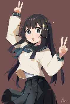 1girl absurdres arm_up avarangers black_eyes black_hair black_neckerchief black_sailor_collar black_skirt bright_pupils brown_background commentary_request cowboy_shot double_v hand_up highres long_hair long_sleeves looking_at_viewer neckerchief open_mouth pleated_skirt sailor_collar school_uniform seitokai_ni_mo_ana_wa_aru! serafuku shirt signature simple_background skirt solo sparkle terui_arisu undershirt undershirt_peek v white_pupils white_shirt