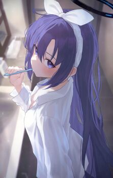 1girl absurdres bathroom black_halo blue_archive blue_eyes breasts brushing_teeth commentary_request hairband halo highres holding holding_toothbrush kuchisode long_hair looking_at_viewer mechanical_halo mirror purple_hair shirt solo toothbrush white_hairband white_shirt yuuka_(blue_archive) yuuka_(pajamas)_(blue_archive)