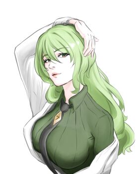 1girl black_necktie breasts coat collared_shirt commentary dated_commentary dyadyadya green_shirt highres honkai_(series) honkai_impact_3rd lab_coat large_breasts looking_at_viewer mobius_(honkai_impact) mobius_(pre-surgery)_(honkai_impact) necktie parted_lips shirt simple_background slit_pupils solo upper_body white_background white_coat