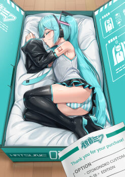 1boy 1girl absurdres black_boots black_skirt black_sleeves blue_hair blue_necktie boots box bulge c_take0141 closed_eyes commentary_request detached_sleeves english_text full_body genderswap genderswap_(ftm) grey_shirt hatsune_miku highres in_box in_container instruction_manual long_hair long_sleeves lying male_focus miniskirt necktie number_tattoo on_side open_mouth panties pleated_skirt pov shirt skirt sleeping sleeveless sleeveless_shirt solo striped_clothes striped_panties tattoo thigh_boots trap twintails underwear very_long_hair vocaloid