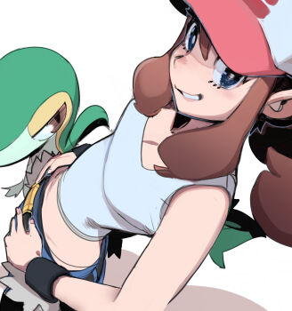 Rule 34 | 1girl, baseball cap, brown hair, denim, denim shorts, dutch angle, gen 5 pokemon, hand on own hip, hat, highres, hilda (pokemon), nintendo, perspective, pokemon, pokemon bw, ponytail, shirt, sho-n-d, shorts, sidelocks, sleeveless, smile, snivy, white shirt, wristband