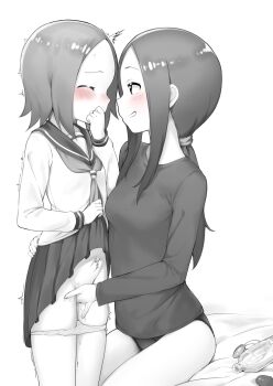 2girls ^^^ age_difference babu blush closed_eyes clothes_lift female_focus fingering greyscale highres incest karakai_jouzu_no_(moto)_takagi-san karakai_jouzu_no_takagi-san lifting_own_clothes loli long_hair long_sleeves mature_female monochrome mother_and_daughter multiple_girls nishikata nishikata_chii onee-loli panties panty_pull pussy_juice school_uniform serafuku sex_toy short_hair simple_background skirt skirt_lift smile spot_color takagi-san underwear yuri
