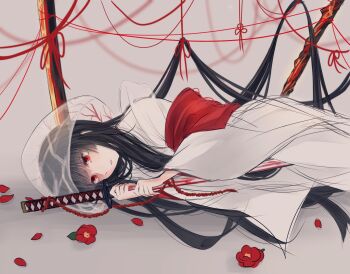 1girl black_hair blood bloody_weapon bridal_veil flower highres holding holding_sword holding_weapon japanese_clothes katana kimono limbus_company long_hair long_sleeves lying on_floor on_side planted planted_sword planted_weapon project_moon red_eyes red_flower ryoshu_(project_moon) see-through_clothes shiodaregaiizo shiromuku solo string string_of_fate sword uchikake veil veins wataboushi weapon white_kimono wide_sleeves