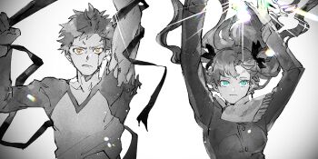 1boy 1girl arm_above_head bandages blue_eyes emiya_shirou fate/stay_night fate_(series) greyscale hair_ribbon heaven's_feel highres looking_at_viewer monochrome prima_(kururi_kururi) raglan_sleeves ribbon scarf serious shine simple_background tohsaka_rin torn_clothes twintails white_background yellow_eyes