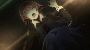 1boy 1girl asphyxiation black_jacket blazer blood blood_on_hands breasts chaos;child choke_hold cropped_jacket dim_lighting drooling dutch_angle fingernails from_above game_cg hand_on_another's_neck hands_on_another's_neck hekiho_academy_school_uniform highres jacket long_sleeves medium_breasts miyashiro_takuru neck_grab non-web_source official_art onoe_serika open_mouth pink_hair sailor_collar sailor_shirt saliva sasaki_mutsumi science_adventure screaming shirt short_hair_with_long_locks strangling teeth tongue upper_teeth_only white_sailor_collar
