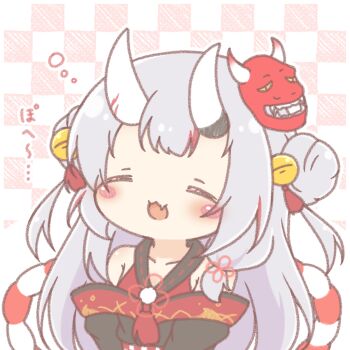 1girl :d ^_^ bare_shoulders bell black_kimono blush checkered_background chibi closed_eyes double_bun fang grey_hair hair_bell hair_bun hair_ornament highres hololive horns japanese_clothes jingle_bell kimono mask mask_on_head mitarashi_neko multicolored_hair nakiri_ayame nakiri_ayame_(1st_costume) off_shoulder oni oni_mask open_mouth red_hair smile solo streaked_hair translation_request two_side_up virtual_youtuber