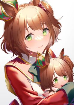 Rule 34 | 1girl, akatsuki (kuon), animal ears, aston machan (flare) (umamusume), aston machan (umamusume), black bow, black bowtie, blush, bow, bowtie, breasts, brown hair, character doll, closed mouth, commentary request, crown, doll, green eyes, hair ornament, holding, holding doll, horse ears, horse girl, long sleeves, looking at viewer, mini crown, open mouth, red nails, red sash, red scrunchie, red sleeves, sash, scrunchie, shirt, shoulder sash, simple background, smile, solo, tilted headwear, umamusume, white background, white shirt