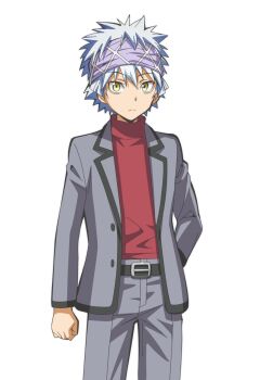 1boy anime_coloring ansatsu_kyoushitsu belt black_belt closed_mouth cowboy_shot frown grey_jacket grey_pants headband higami_aya highres horibe_itona jacket kunugigaoka_middle_school_uniform male_focus official_art pants school_uniform simple_background solo tachi-e transparent_background white_hair yellow_eyes