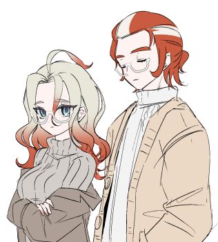 1boy 1girl alternate_costume blue_eyes bow bowtie breasts casual closed_eyes closed_mouth commentary commentary_request ebi_(shrimp_eleven) english_commentary glasses griselle_(pokemon) grisham_(pokemon) highres jacket japanese_clothes long_hair multicolored_hair nintendo pokemon pokemon_legends:_z-a ponytail red_hair shirt simple_background sweater turtleneck turtleneck_sweater two-tone_hair upper_body white-framed_eyewear white_background white_shirt